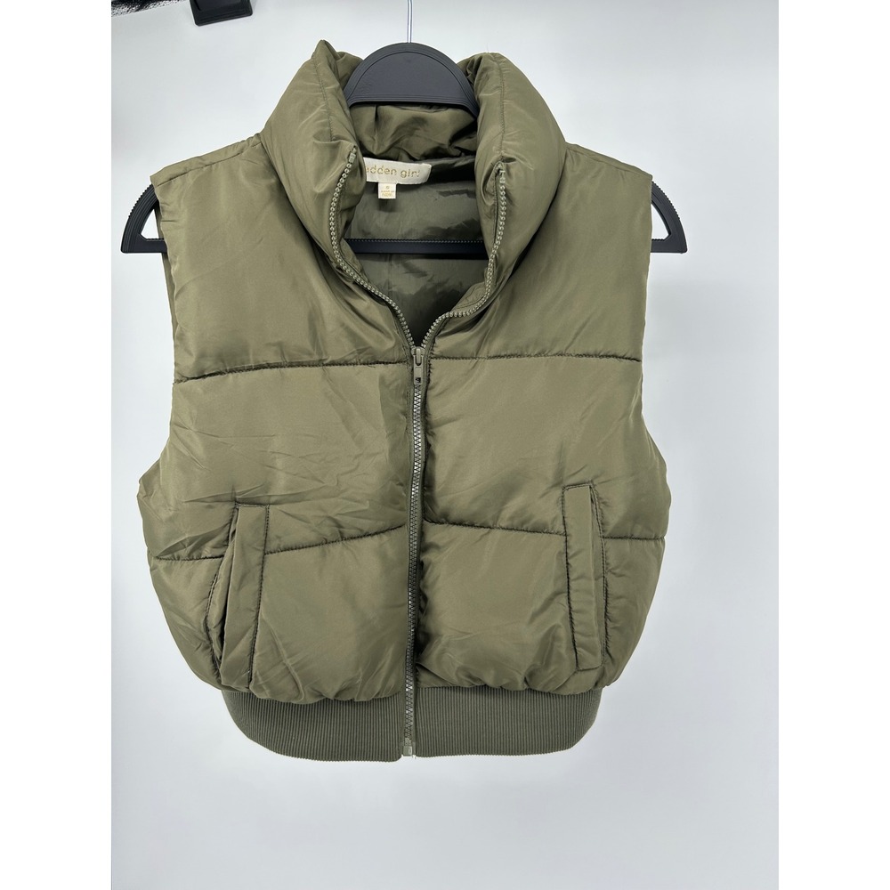 Madden Girl Puffer Vest Womens Small Olive Green Excellent Cropped Quilted Zip